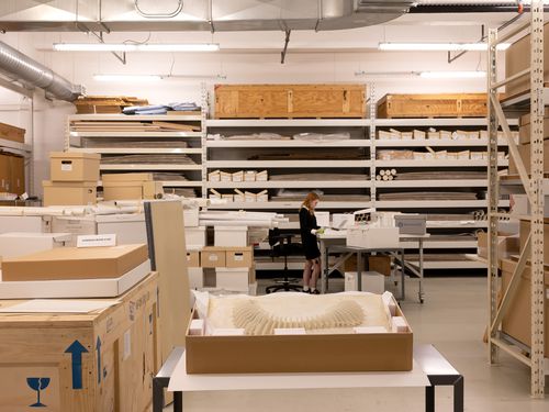 The Museum Is Not Enough: View in the foreground of Shoei Yoh's model for Uchino Community Center for Seniors and Children, Chikuho, Fukuoka, Japan, 1994-1995, in storage space