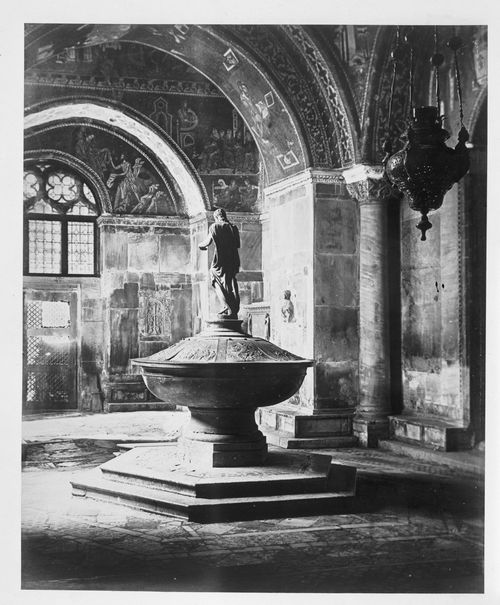 Basilica of San Marco, Baptistery view of a large bronze baptismal font with statue of St. John the Baptist on top, Venice, Italy