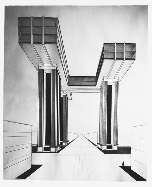 Photograph of a perspective drawing for the Horizontal Skyscrapers (Cloudprop), Nikitsky Square, Moscow