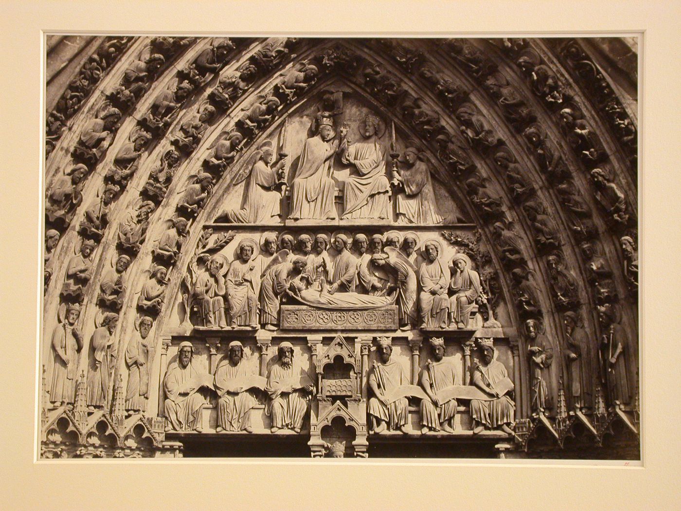 Notre-Dame, west façade, detail of tympanum, north Coronation of Virgin Door, Paris, France