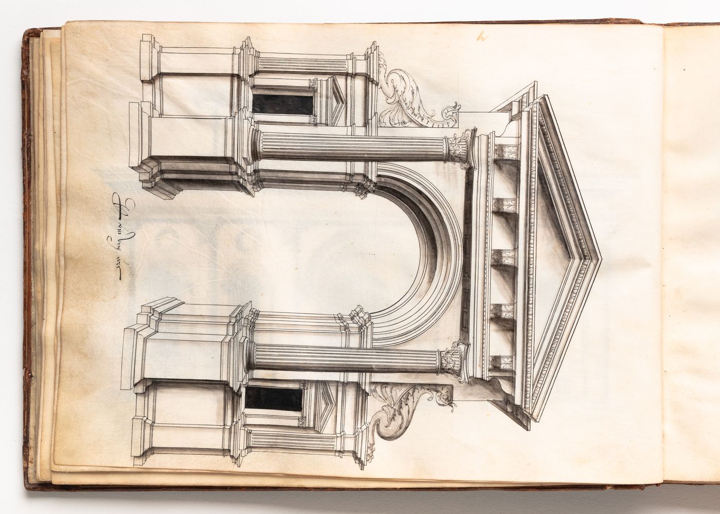 Design for an arch with Composite columns, entablature and pediment