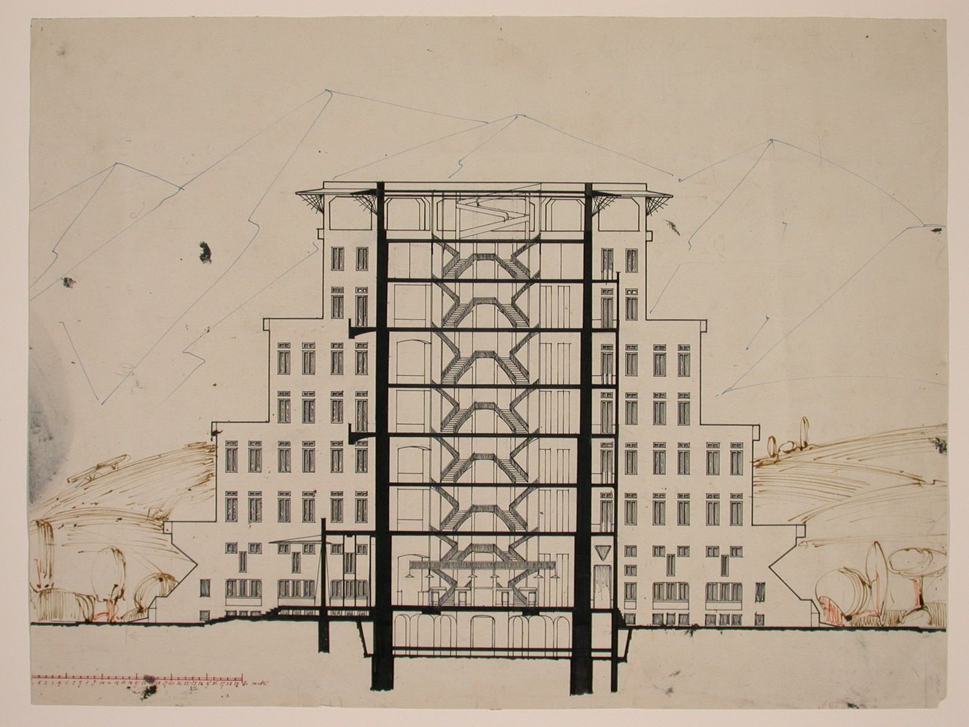Section looking towards central staircase for a cruciform-plan hotel