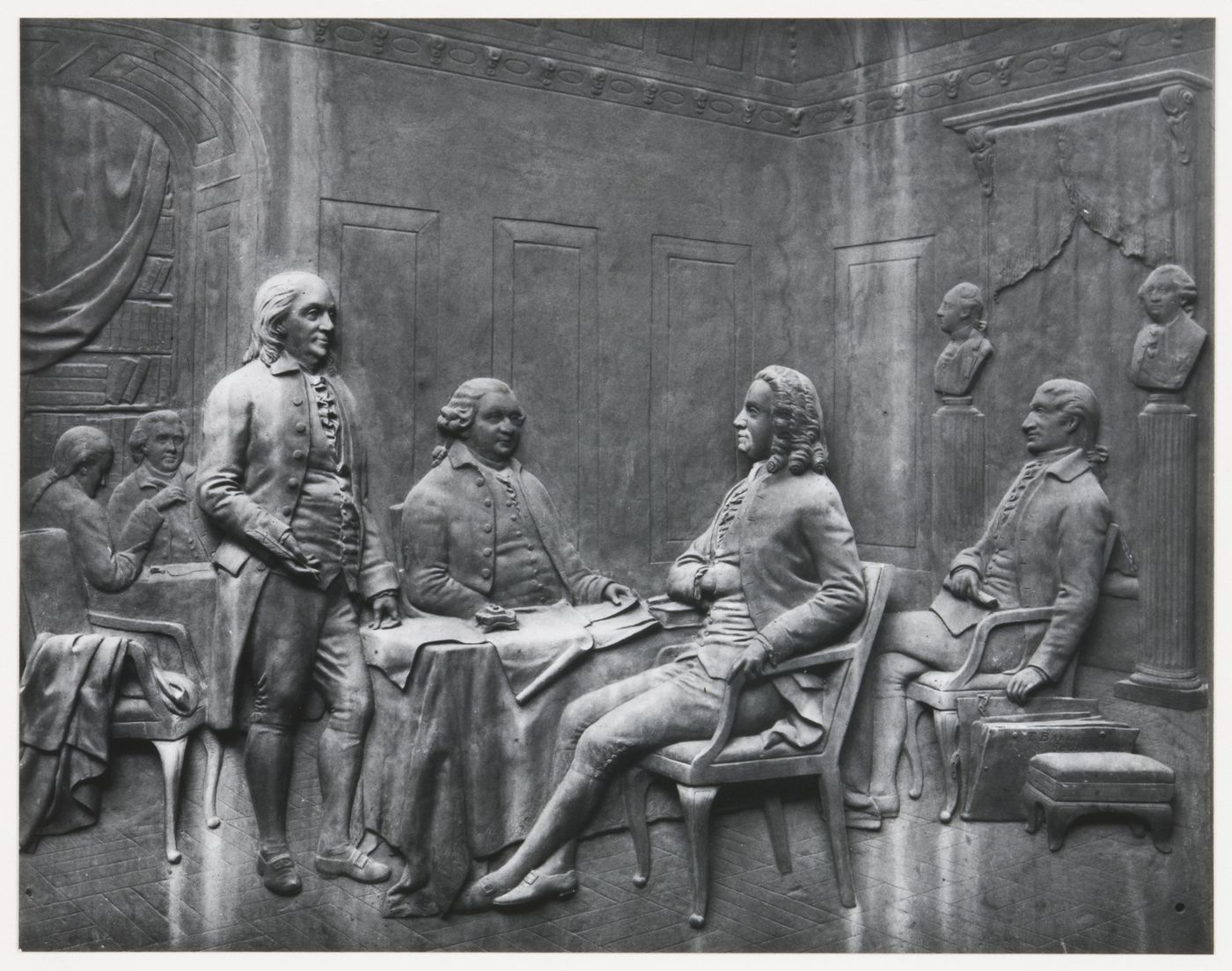 View of plaques on base of Franklin statue, Old City Hall, Boston, Massachusetts, United States
