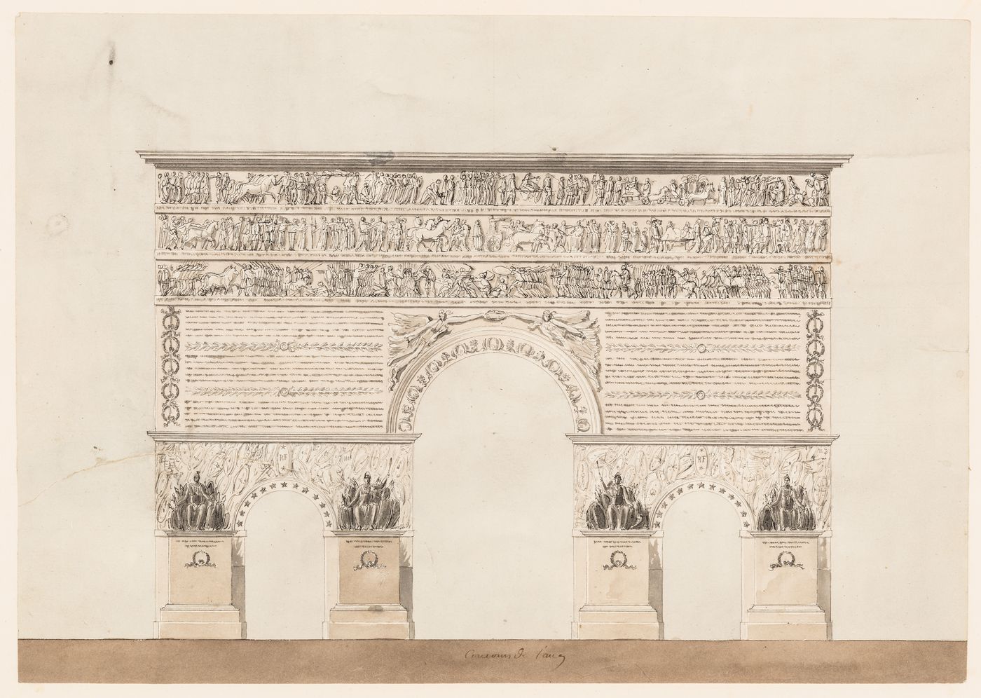 1801 Grand Prix Competition: Plan for a forum or public square dedicated to peace; verso: 1801 Grand Prix Competition: Elevation for a triumphal arch entrance for a forum or public square dedicated to peace