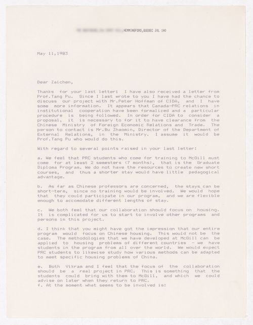 Letter by Witold Rybczynsky about the planning of the Sichuan housing project in China
