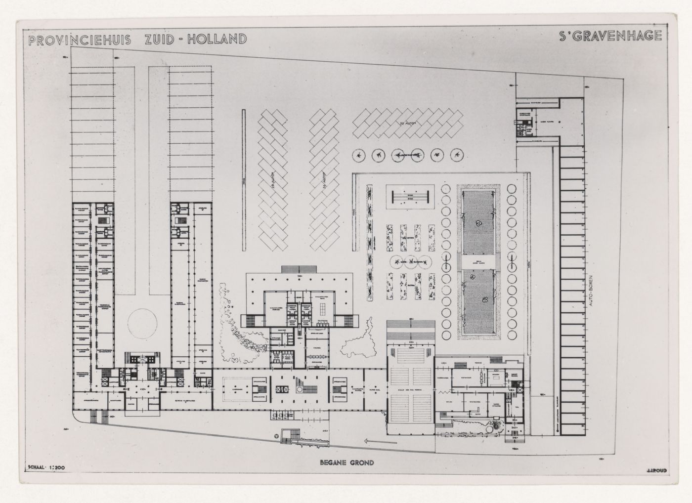 Photograph of a ground plan for the South Holland Local Government Headquarters, The Hague, Netherlands