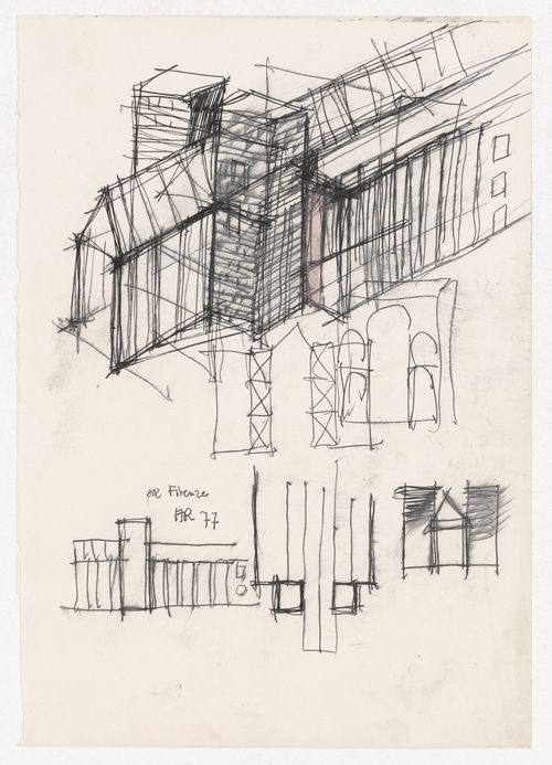 Sketch axonometric, sketch elevations and sketch plan [?] for Centro Direzionale, Florence