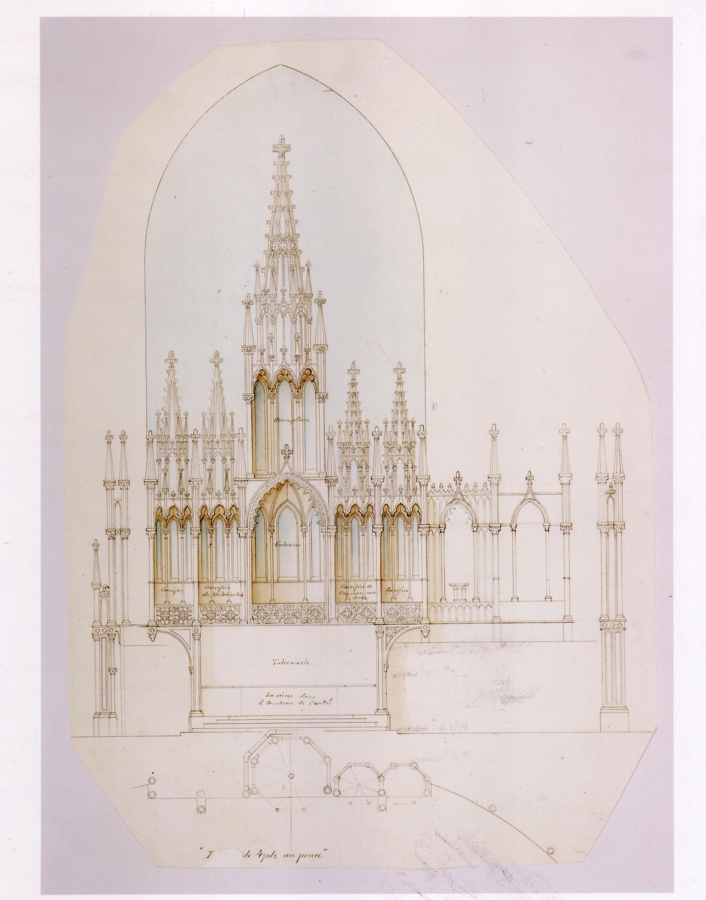 Plan and elevation for the high altar [?] for the interior design by Bourgeau et Leprohon for Notre-Dame de Montréal