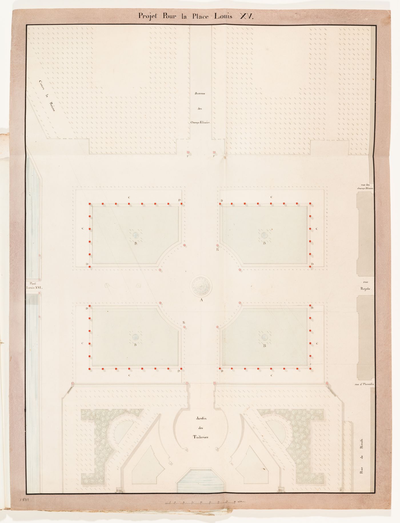 Plan for place Louis XV with five fountains and a promenade bordered by a row of sculptures