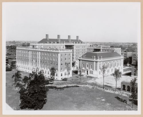 View of the lateral and rear façades of Clara Ford Nurses' Home from above, Henry Ford Hospital, Detroit, Michigan