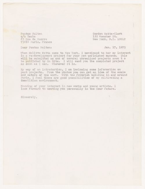 Letter from Gordon Matta-Clark to Pontus Hulten