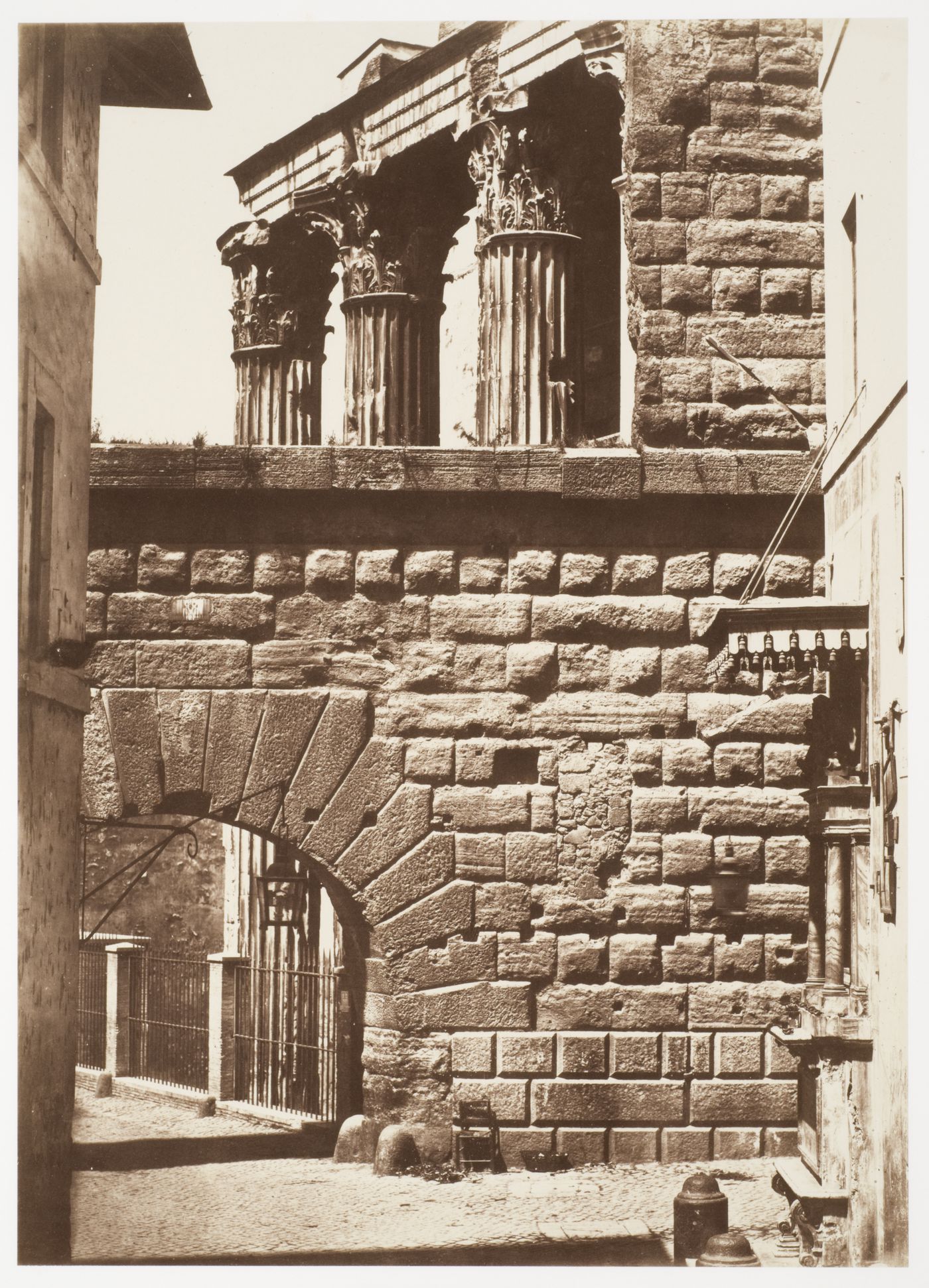View of the Arch of Pantani and columns from the ruins of the Temple of Mars Ultor, Forum of Augustus, Rome, Italy