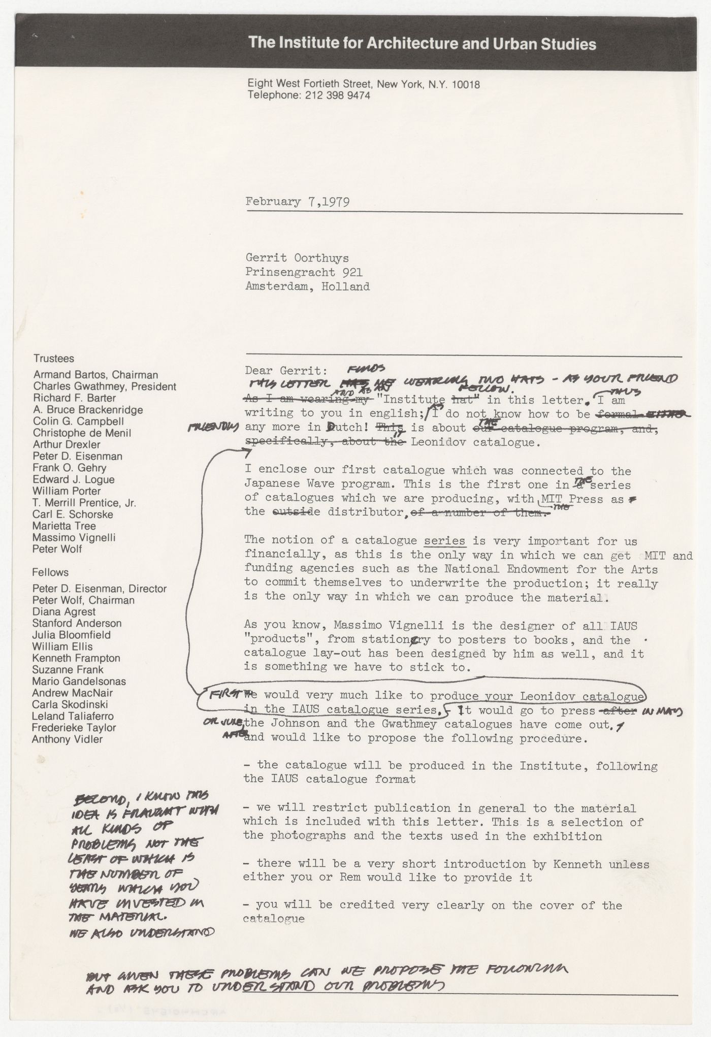 Draft letter from Peter D. Eisenman to Guerrit Oorthuys about exhibition catalogues with annotations by Peter D. Eisenman