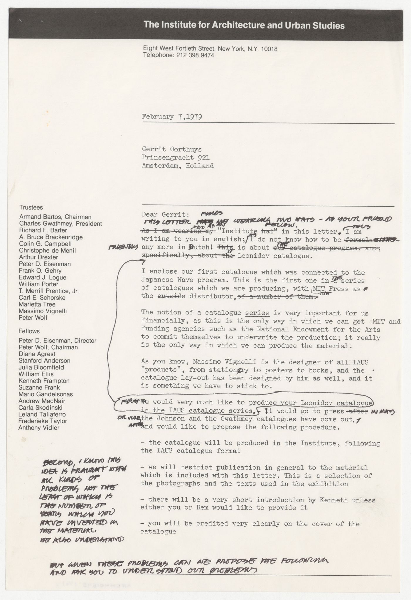 Draft letter from Peter D. Eisenman to Guerrit Oorthuys about exhibition catalogues with annotations by Peter D. Eisenman