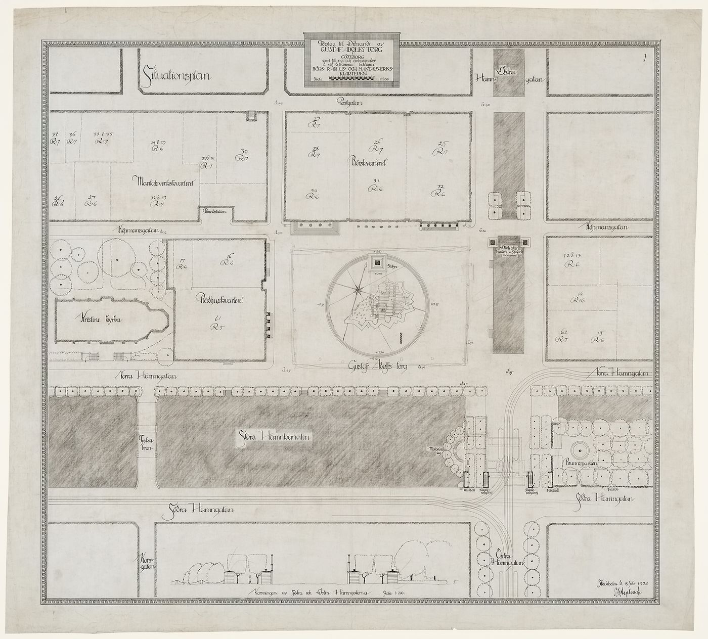 Site plan for the 1918-1925 design for Gustaf Adolfs torg [square] and an elevation for or of a bridge, Götenborg, Sweden