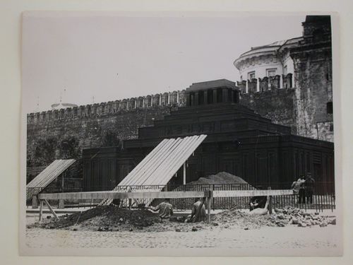 View of the principal façade of the second wooden Lenin Mausoleum during the latter stages of construction, Red Square, Moscow