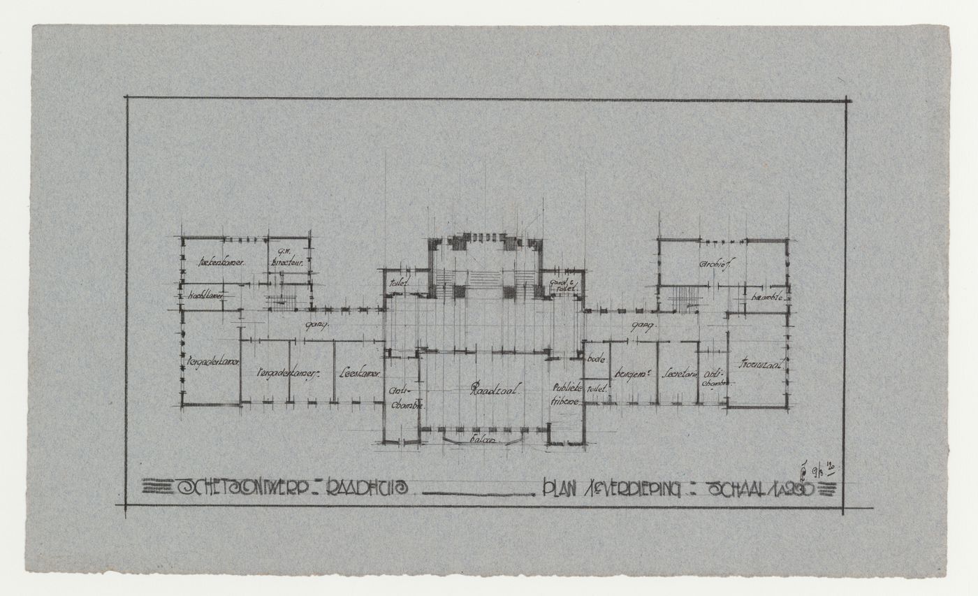 Student drawing showing the first floor plan for a town hall, Technische Hogeschool Delft, Netherlands