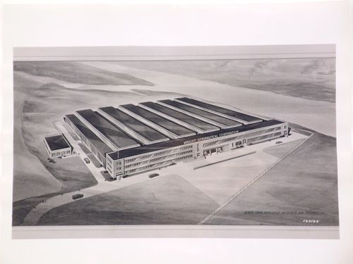 Photograph of a bird's-eye perspective drawing for or of the South Manufacturing Building, Wright Aeronautical Corporation Airplane Engine Plant, Paterson, New Jersey