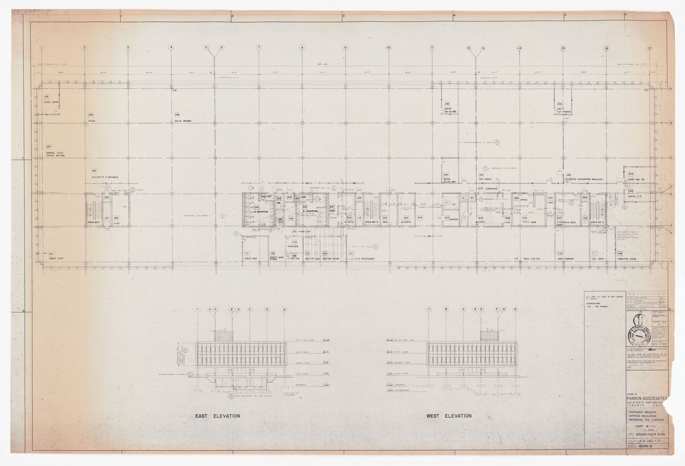 Construction second floor plan and east and west elevations for Imperial Oil Limited, Ontario Region Office Building, North York