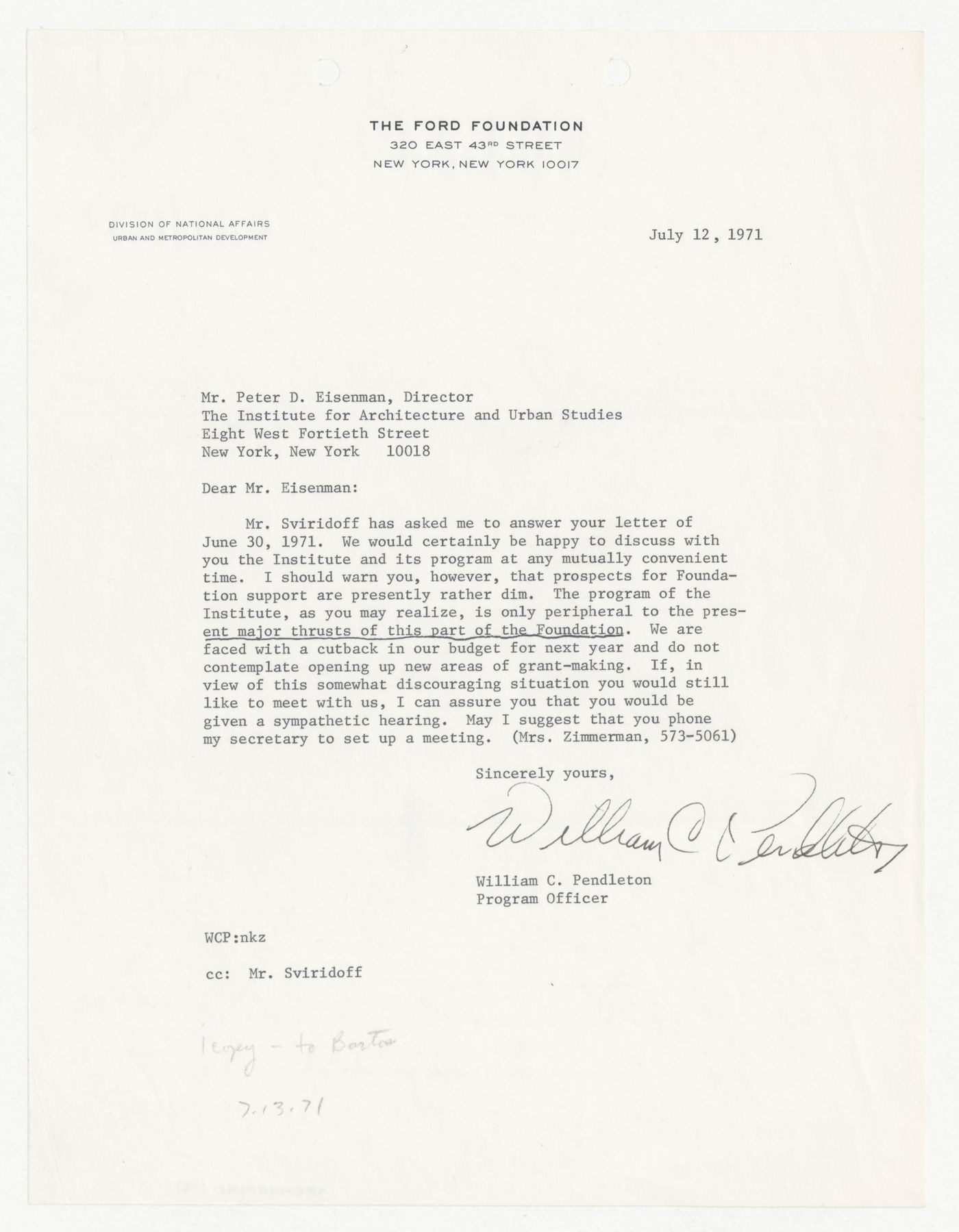 Letter from William C. Pendleton to Peter D. Eisenman with attached copy of letter from Eisenman requesting a donation