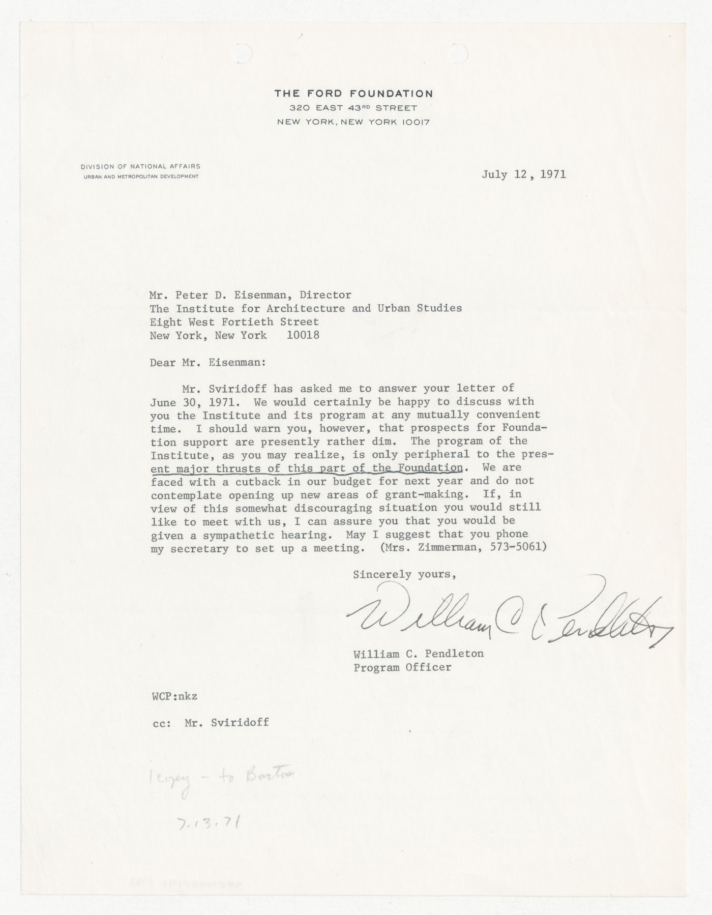 Letter from William C. Pendleton to Peter D. Eisenman with attached copy of letter from Eisenman requesting a donation