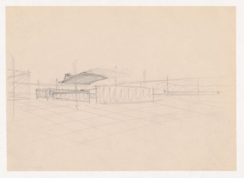 Interior perspective sketch for Museum for a Small City showing the auditorium with suspended ceiling