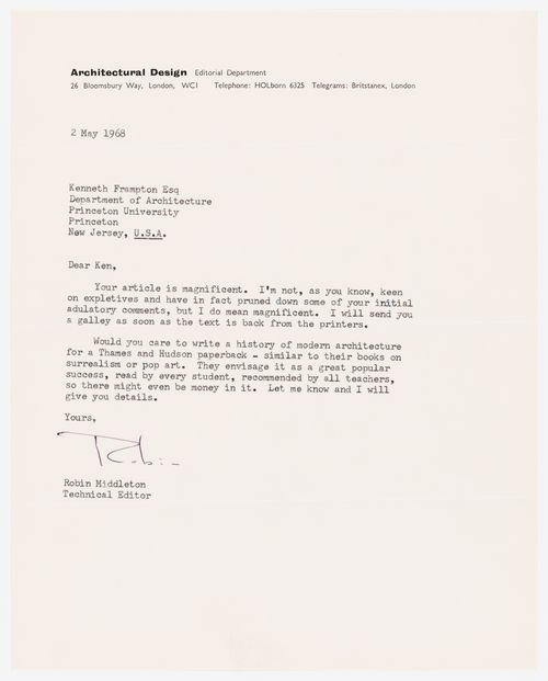 Letter from Robin Middleton to Kenneth Frampton about writing a history of modern architecture