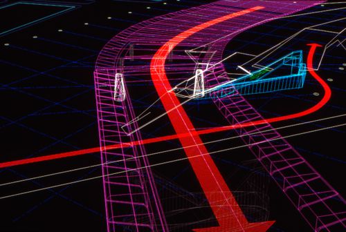 Screen capture of an AutoCAD file of a wire-frame model of the bridge landing, including arrows representing circulation, for Erasmus Bridge