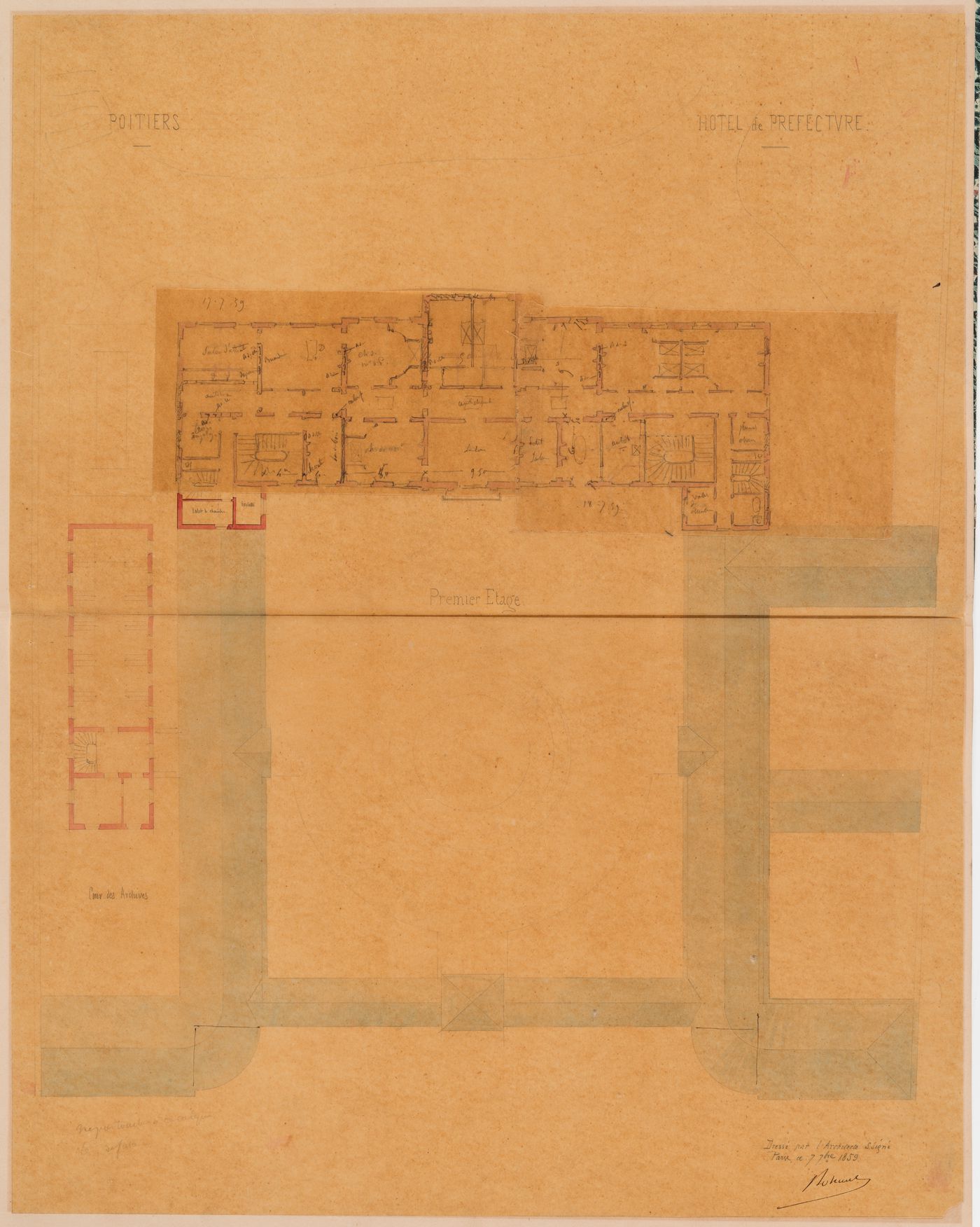 Project for a Hôtel de préfecture, Poitiers: First floor plan with attached revisions for the Hôtel du Préfet