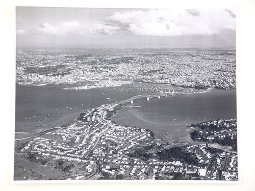 Aerial view of the Auckland Harbour Bridge, over the Waitematā Harbour, Auckland, New Zealand
