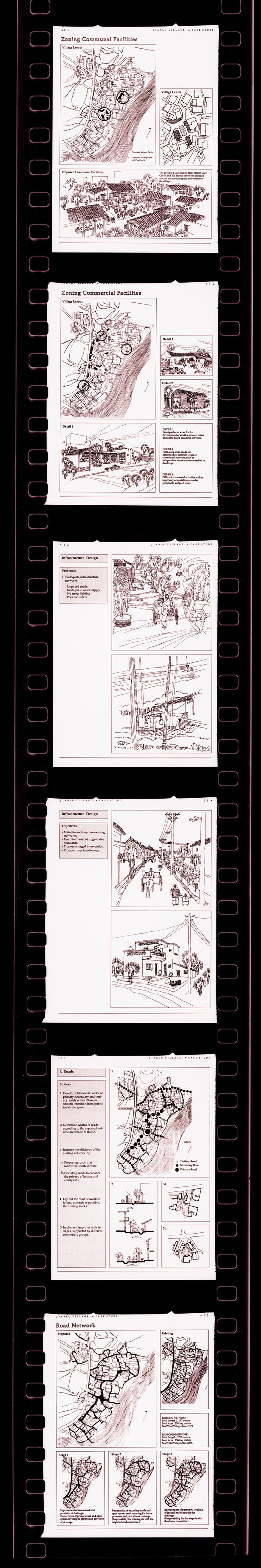 Negative strip of illustrations for the publication "Housing a Billion: Village Upgrading: Jianlu, China" publication