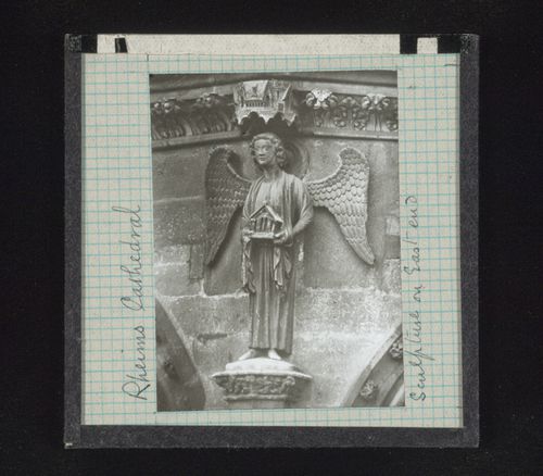 View of high relief sculpture on east end of Notre-Dame de Reims (Cathedral), Reims, France