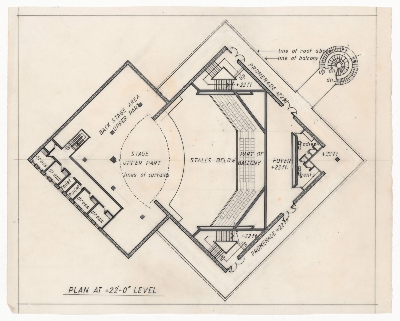 Floor plan at 22 ft. for Theatre for J&K Academy of Art, Culture and Languages, Jammu, India