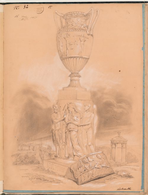 Concours d'émulation entry, 16 June 1857: Study of a funerary urn with other funerary structures