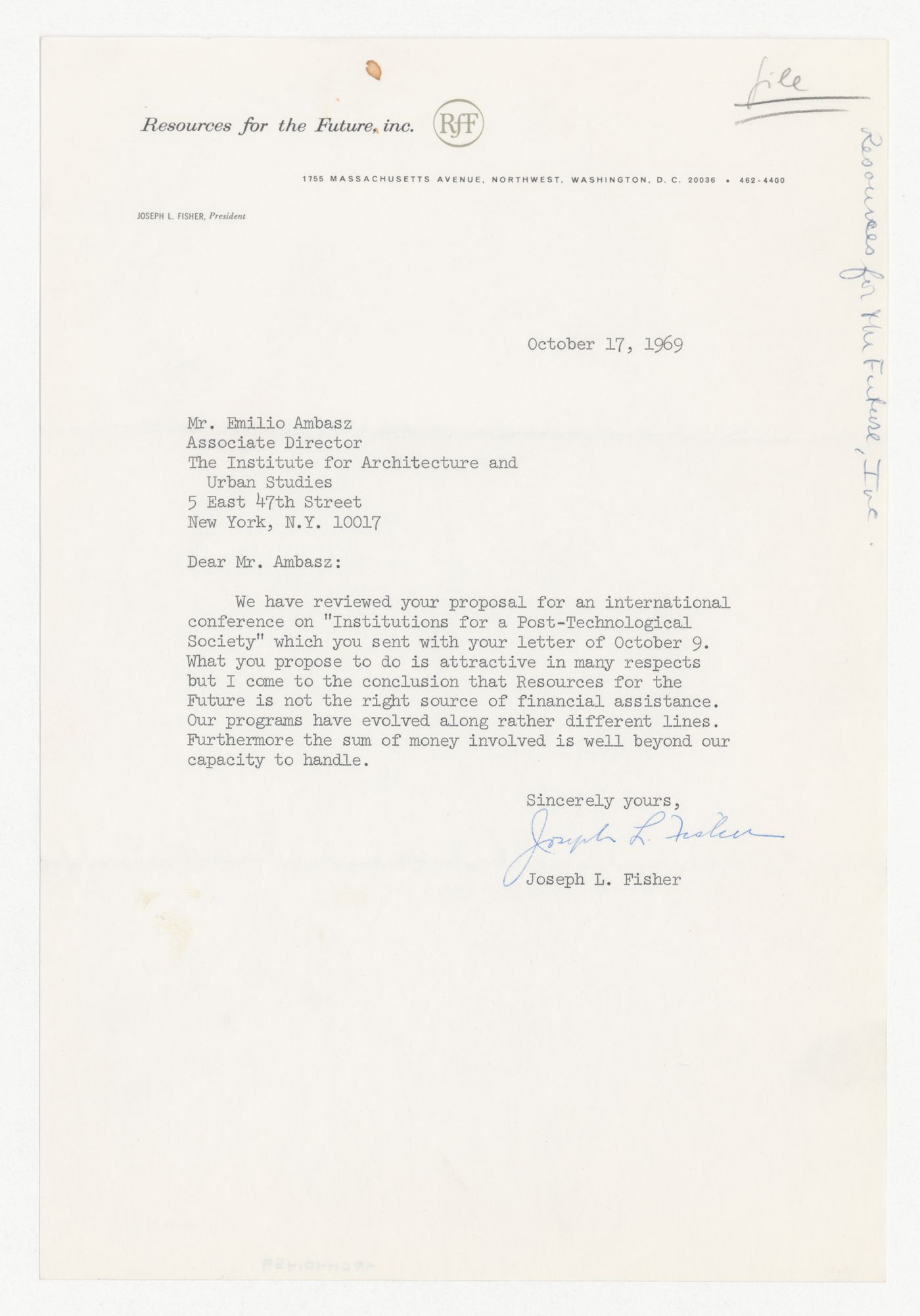 Letter from Joseph L. Fisher to Emilio Ambasz responding to proposal for Institutions for a Post-Technological Society conference