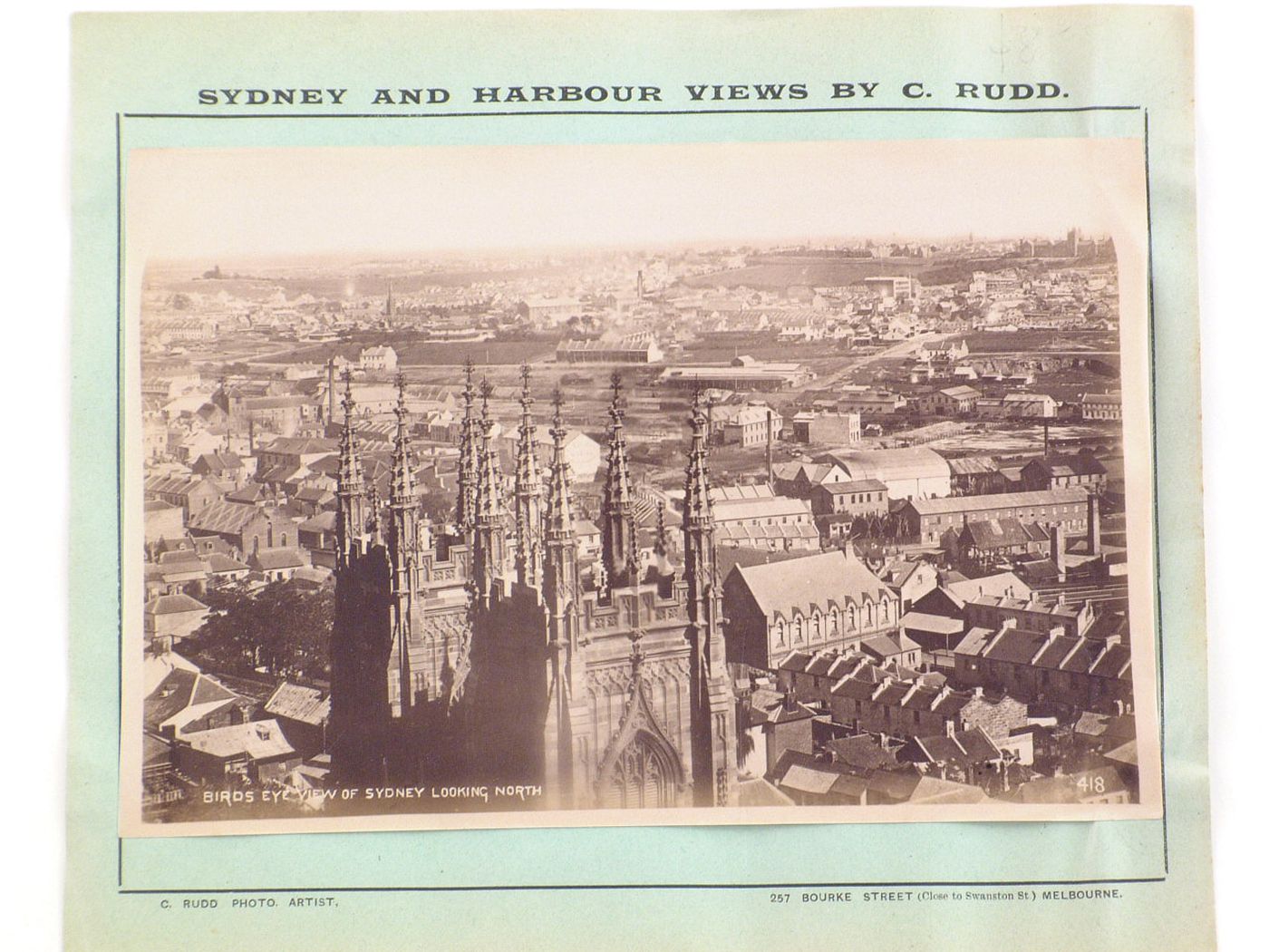 View of Sydney looking north from the roof of the Town Hall [?] showing the towers of St. Andrew's Cathedral, George Street, Sydney, Australia