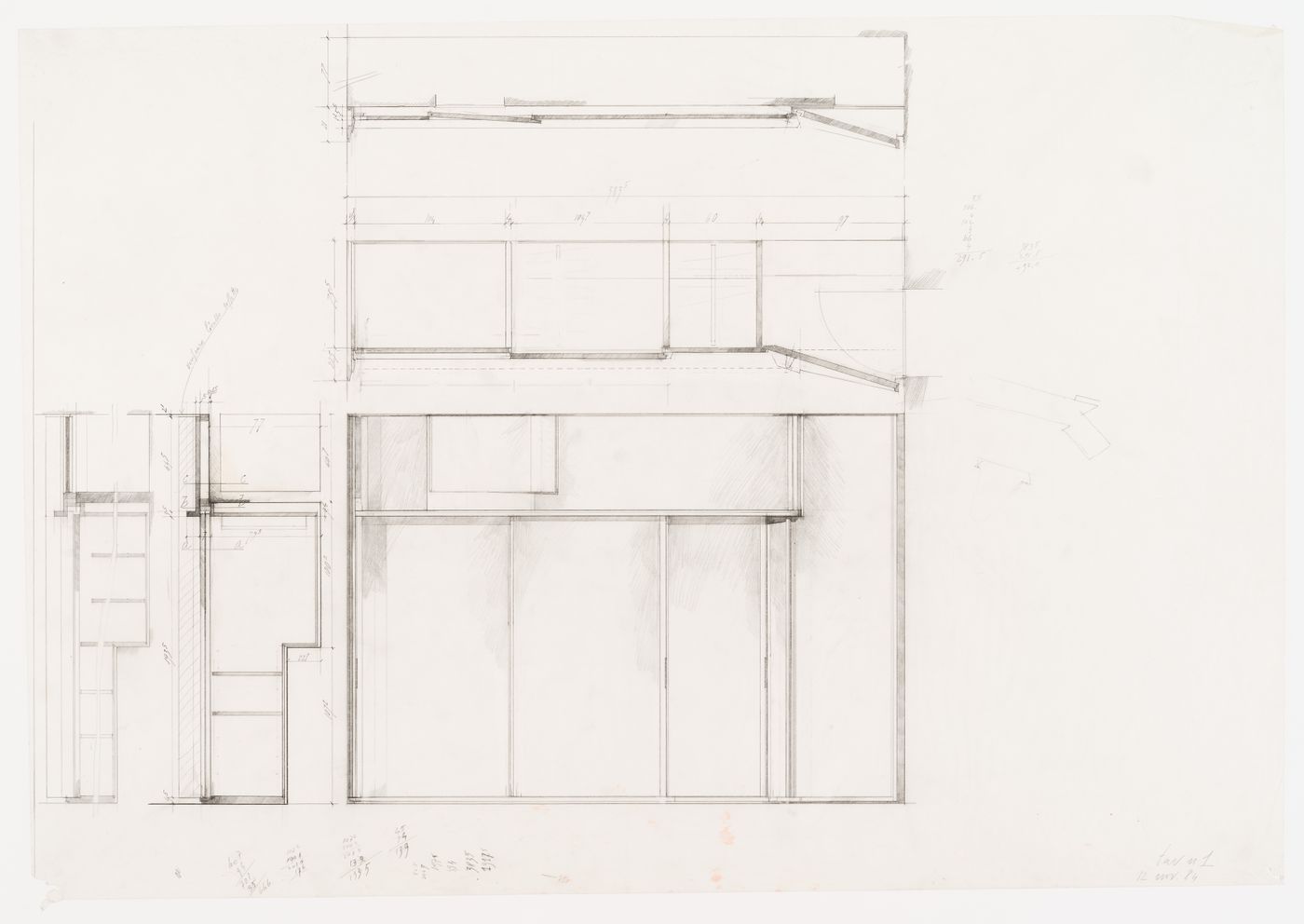 Plan, elevation and section of  closet on the first floor for Casa Frea, Milan, Italy