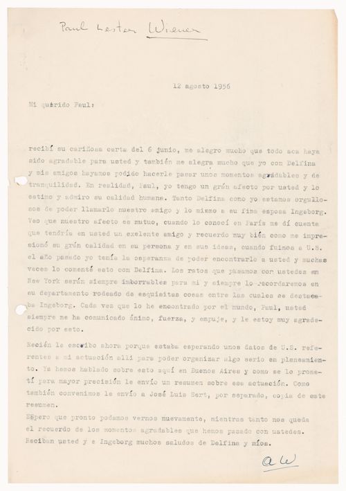 Correspondence, letter to Paul Leister Weiner from Amancio Williams