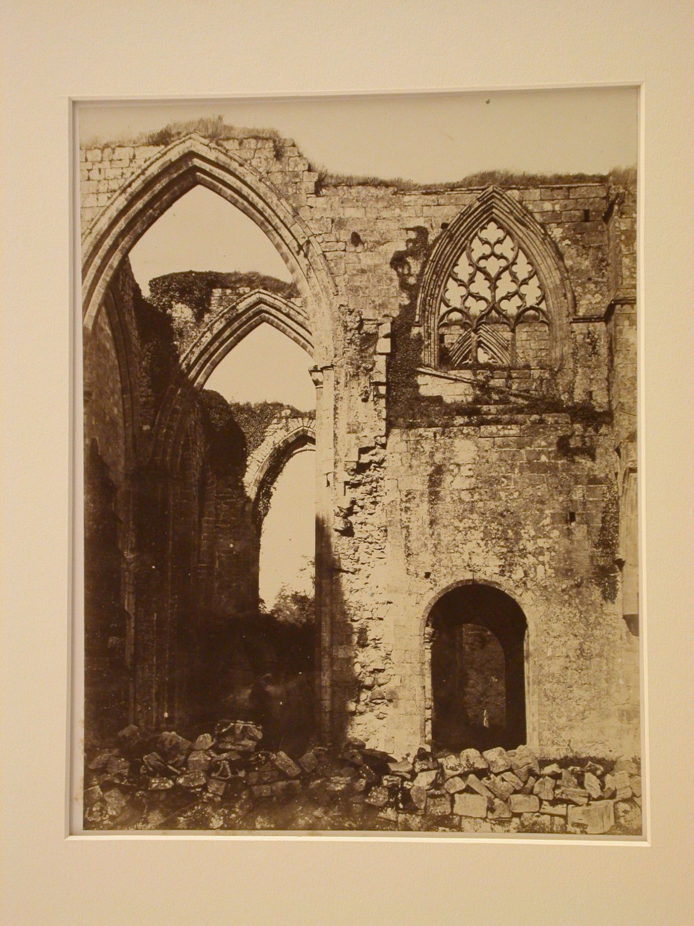 View of unidentified ruined cathedral or abbey, Yorkshire, England