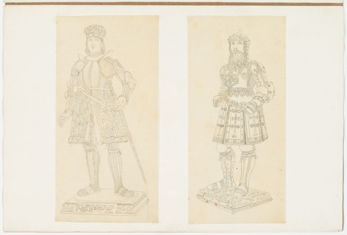 Drawings of statues of Philip I, King of Castille and son of Maximilian I, and Godfrey of Bouillon, King of Jerusalem, from the cenotaph of Maximilian I in the Hofkirche, Innsbruck