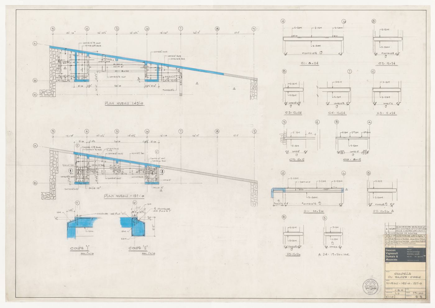 Plan and sections for construction details for the reconstruction of the Chapelle du Sacré-Coeur, Notre-Dame de Montréal
