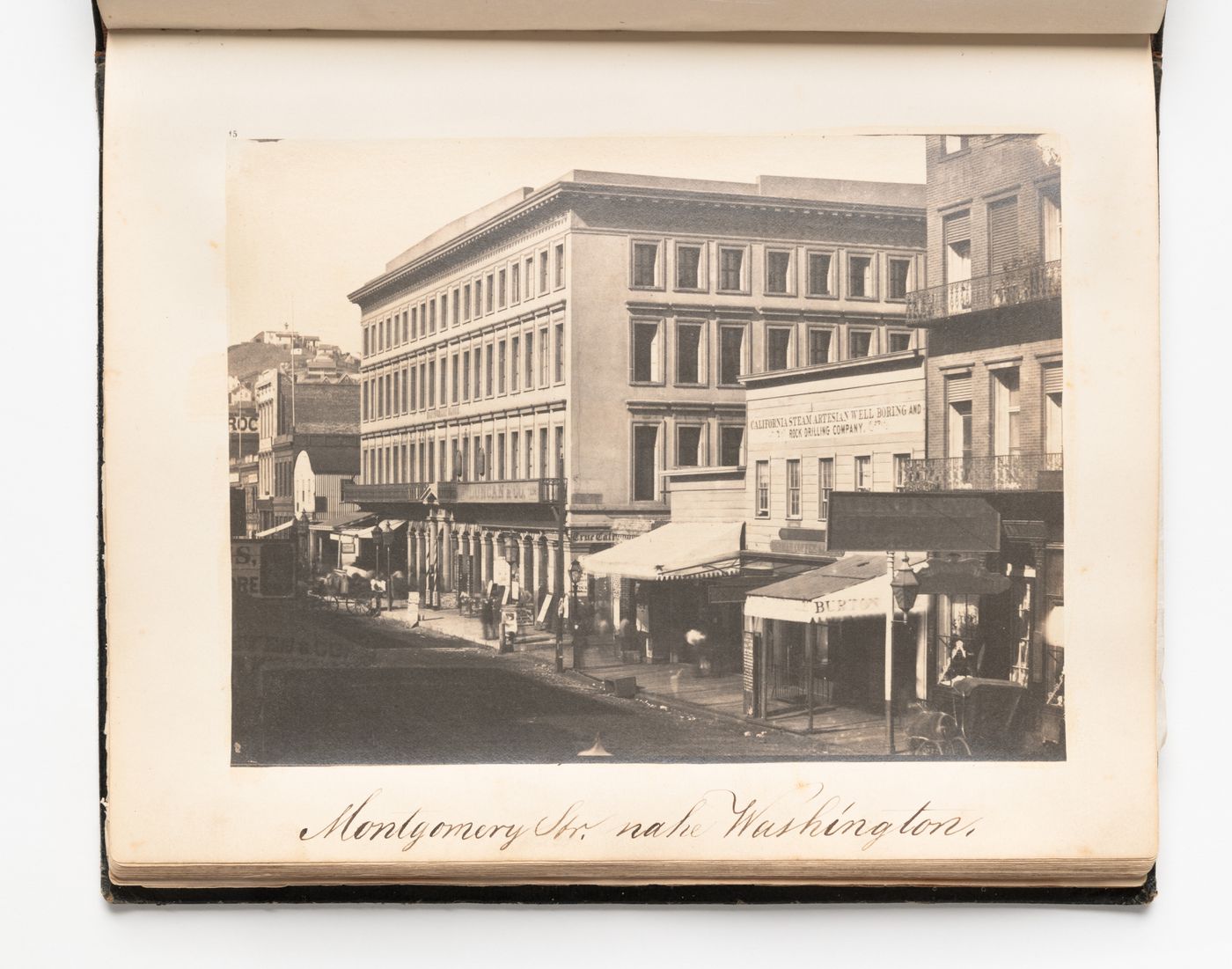 View of stores on the east side of Montgomery Street between Commercial and Washington Streets, San Francisco