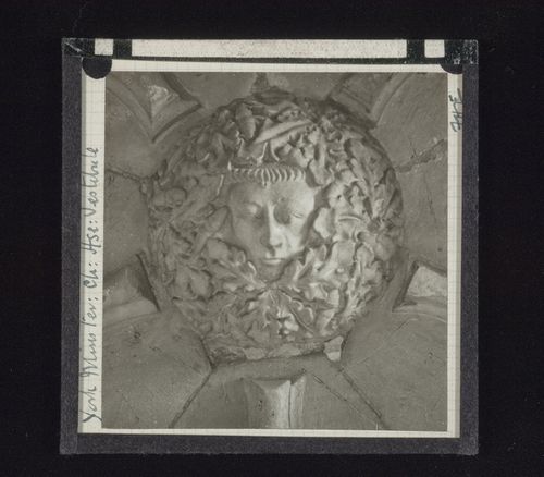 View of boss with foliate mask in vestibule of Chapter House of York Minster, York, North Yorkshire, England