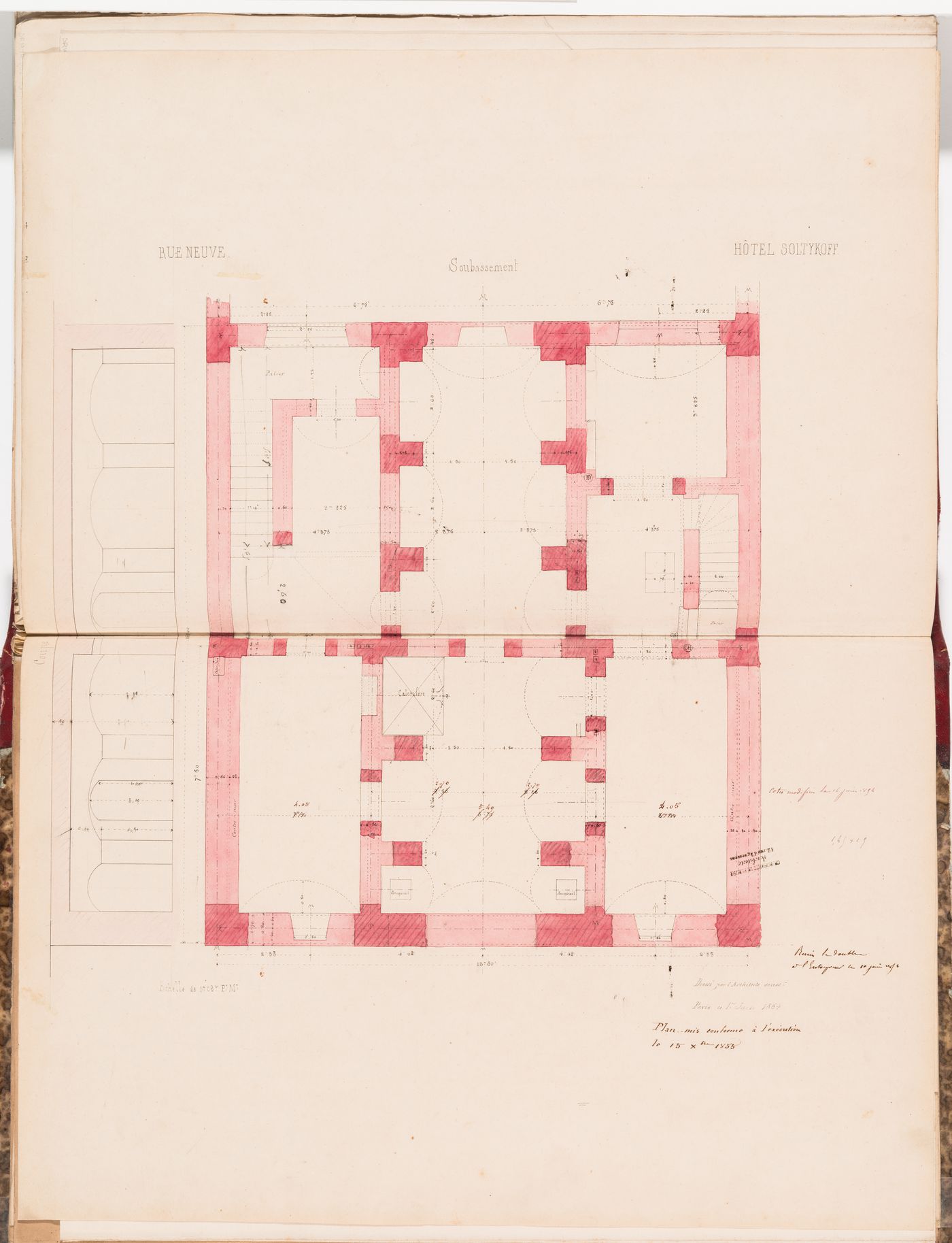 Plan and section for the "soubassement" stonework, Hôtel Soltykoff