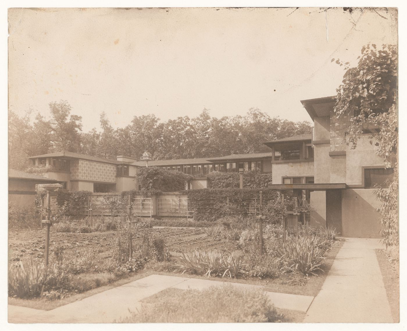 View of Coonley House from a garden path, Riverside, Illinois
