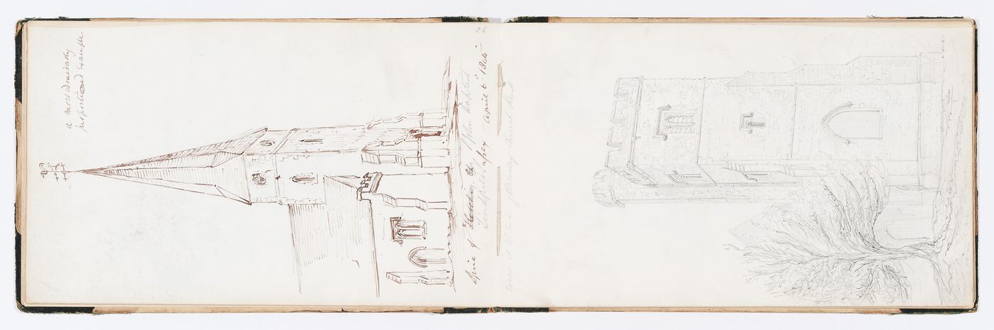 Tower at the west end of [?] Church, Kent, England (recto); Details of St. Nicholas Church, Chislehurst, Kent, England (verso)