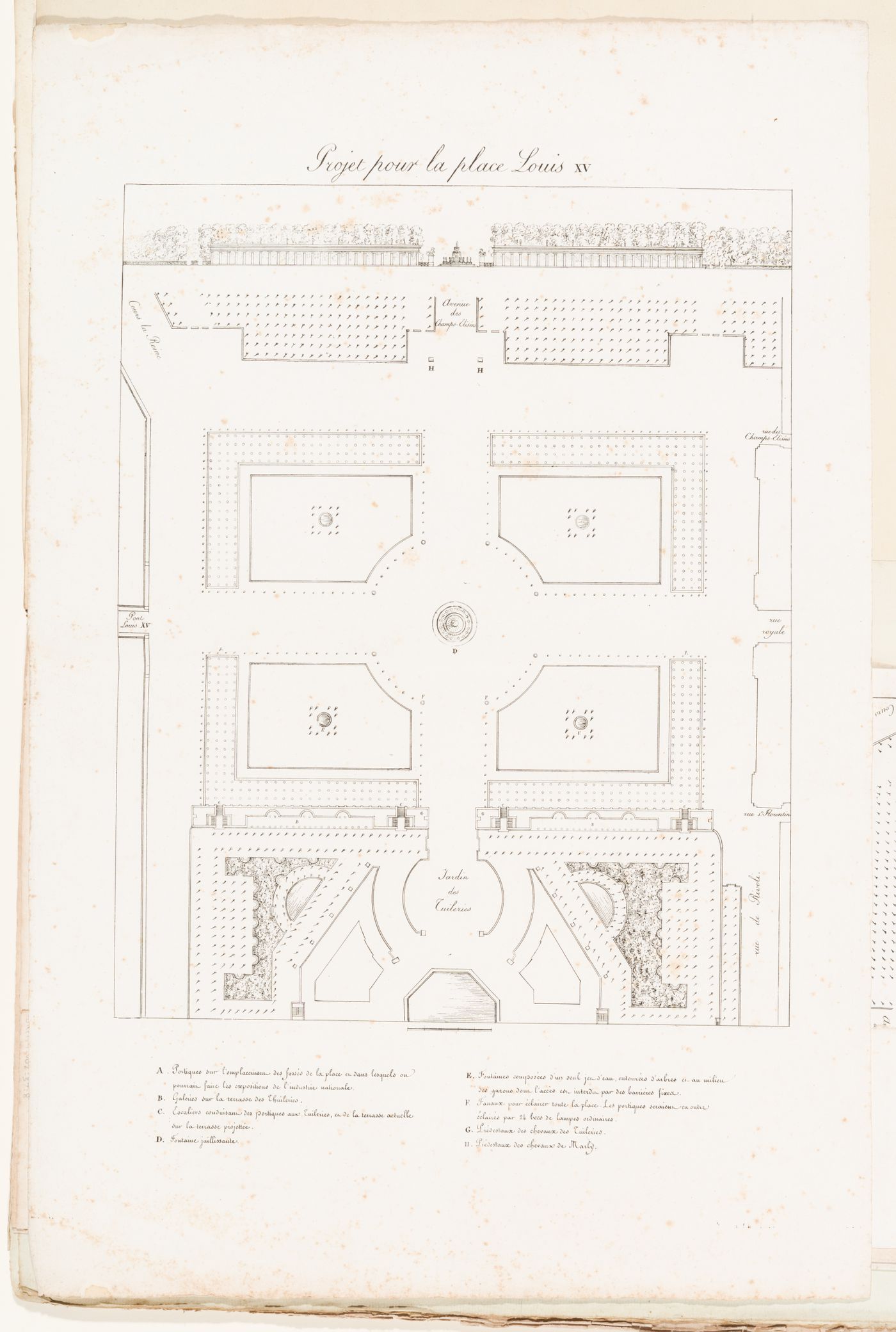 Plan and elevation for place Louis XV with five fountains, freestanding colonnades and loggias