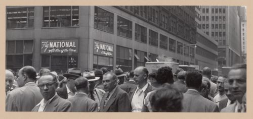 Panoramic view of a crowded street in the garment district, New York City, New York
