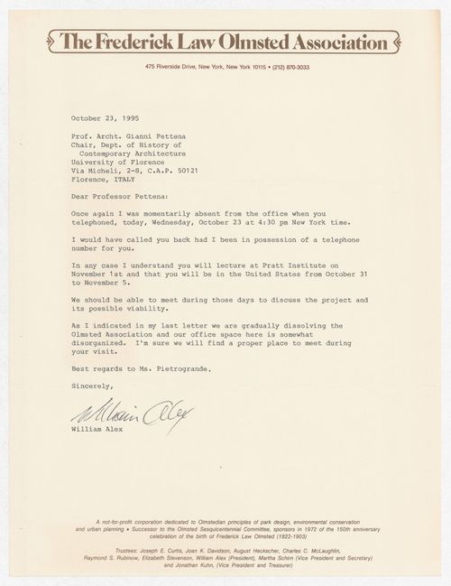 Correspondence with William Alex of The Frederick Olmsted Association for the exhibition Olmsted: L'origine del parco urbano e del parco naturale contemporaneo