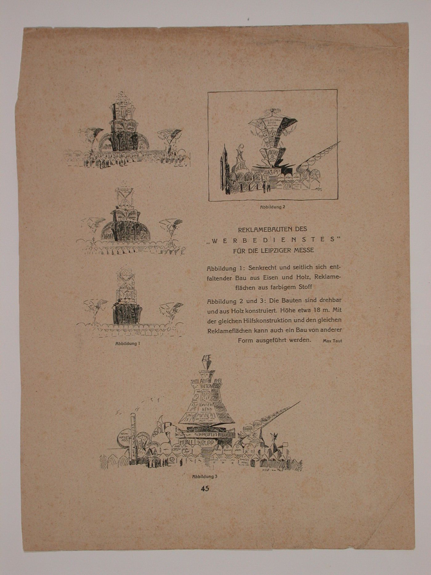 Page from a unidentified publication with text and elevations drawings by Max Taut